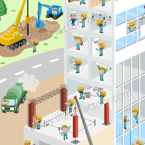 建設業界紹介用風景イラスト★要素を盛り込んで1つの街並みに★
