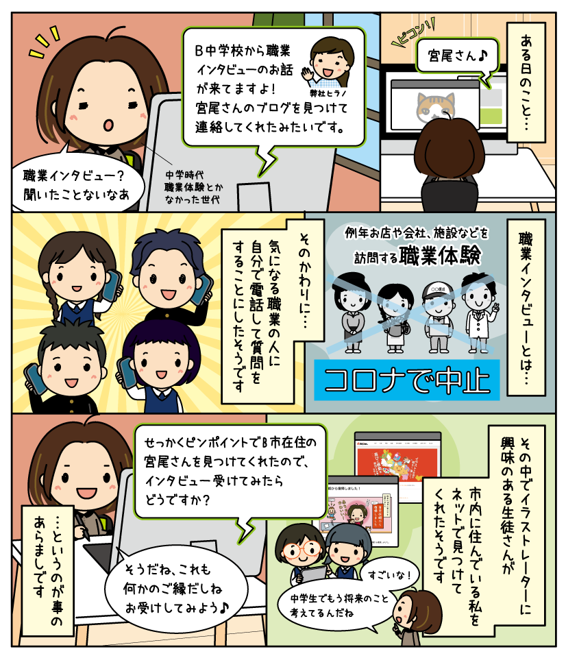 漫画（中学生の職業インタビューを受けました）