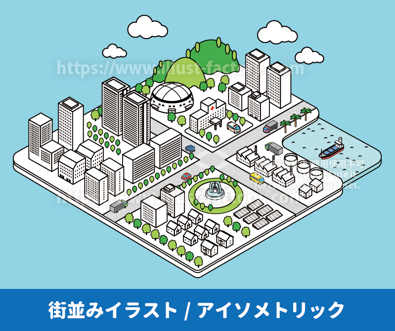 アイソメトリックな架空の街並みイラスト　　俯瞰の街並みを罫線のあるイラストで制作　イラストマップ制作例