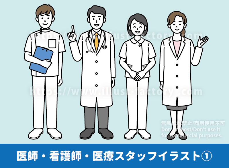 医師・看護師・医療従事者・医療スタッフのイラスト制作例　シンプルな医療従事者のイラスト　指差しをする男性医師、案内ポーズの女性医師、カルテを持った男性看護師、清潔感のある女性看護師のイラスト　シンプルなイラストで男性と女性の医療スタッフをイラスト化　メディカルイラスト　医療イラスト　病院関連のイラスト