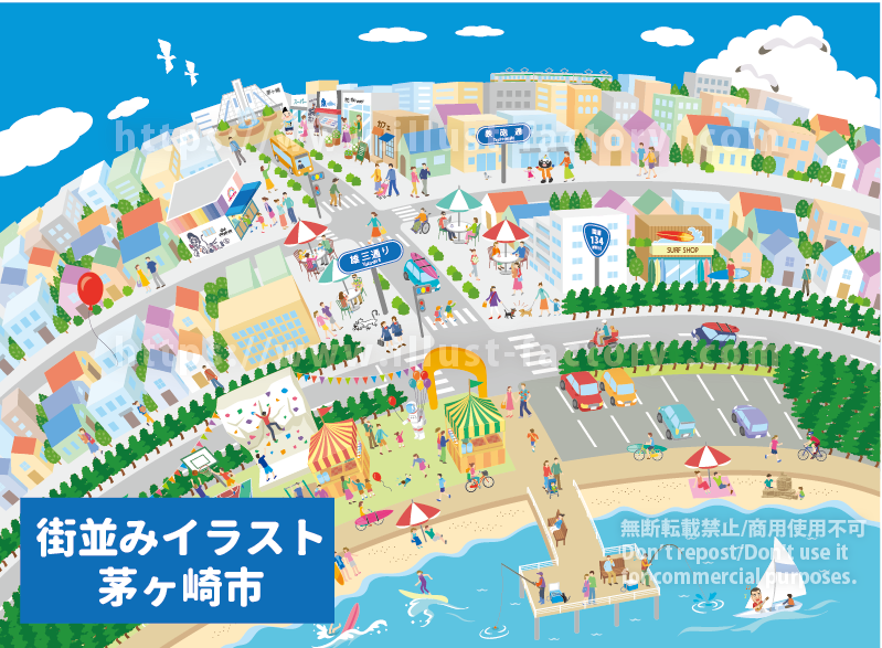 茅ヶ崎市の未来をイメージした俯瞰の街並みイラスト制作例　茅ヶ崎市の街並み　海辺の景色　俯瞰イラスト制作例　イラストマップ制作例