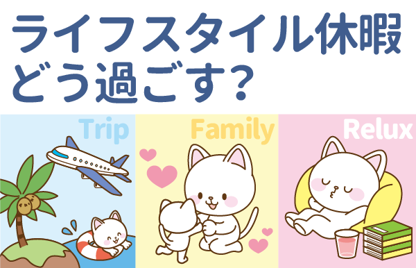 ライフスタイル休暇を紹介するブログ　リフレッシュ休暇を利用して旅行先で水遊びをする白猫、親子で遊ぶ白猫、クッションでくつろぐ白猫