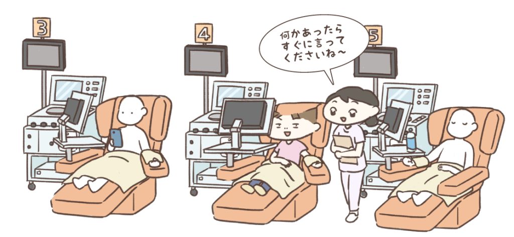 初めての献血体験談　献血本番のイラスト　リクライニングベッドに横たわり、採血を受けるイラスト