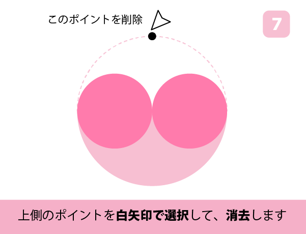 【イラレ初心者向け】Illustratorで簡単なハートの作り方　手順7　上部のポイントの削除　カンタン　ハートの作り方　ハートの書き方　ハートの描き方