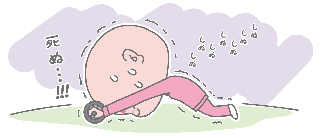 運動不足を感じているテレワーク中の女性が室内で腹筋ローラーをしているイラスト