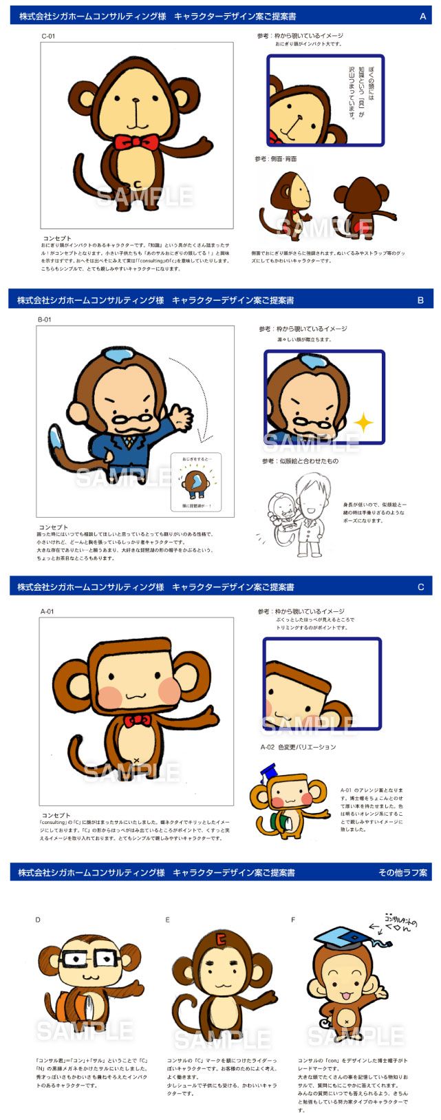 C66-04 猿のキャラクターデザイン、ご提案事例　手描きでアイデア出し段階の提案書です。