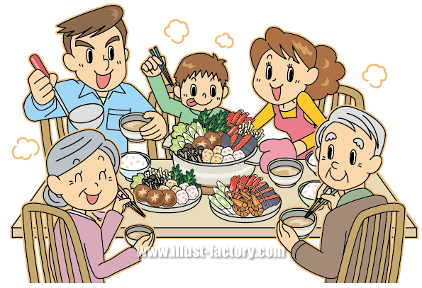G104-01 家族で鍋料理を食べるシーンイラスト作成