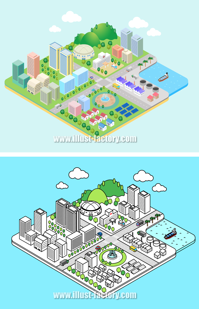 インフォグラフィックな街の俯瞰イラスト制作例 G381 イラスト工房