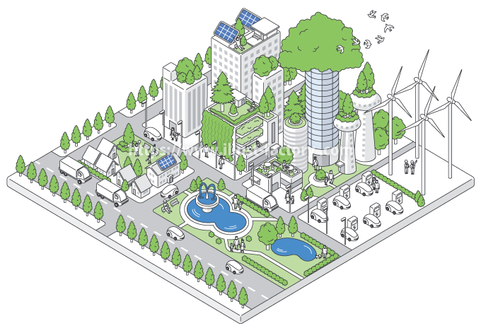 シンプル線画 緑化都市の俯瞰イラスト制作 H106 イラスト工房