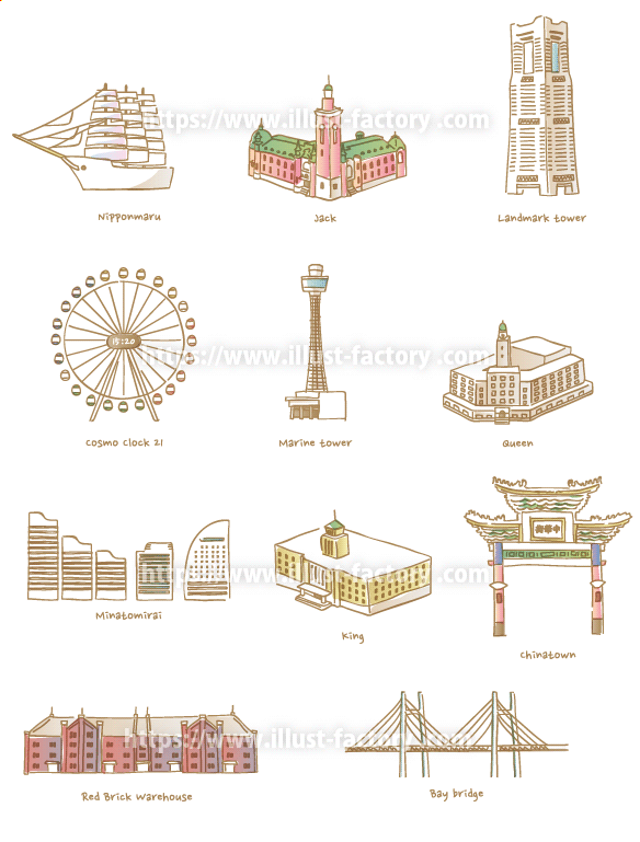 淡い風合いタッチ 横浜の観光地モチーフイラスト H141 イラスト工房
