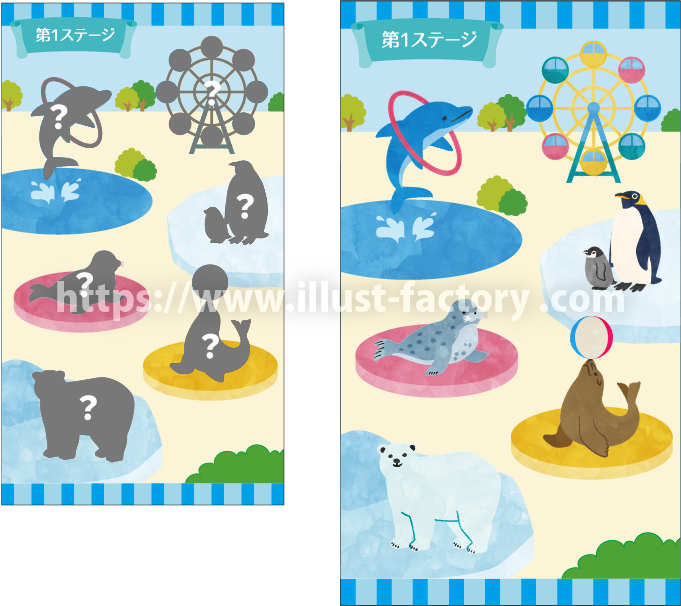 水族館一体型テーマパークのデジタルスタンプラリー用のイラスト A319 イラスト工房