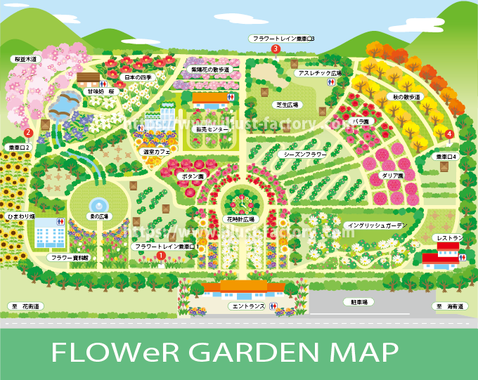 架空のテーマパーク フラワーパークの園内イラストマップ M52 イラスト工房