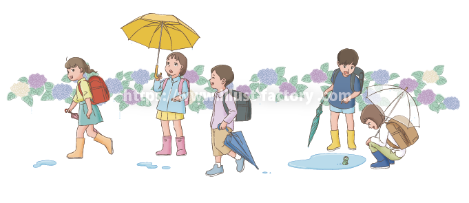 梅雨時期に下校する小学生のイラスト G517 イラスト工房