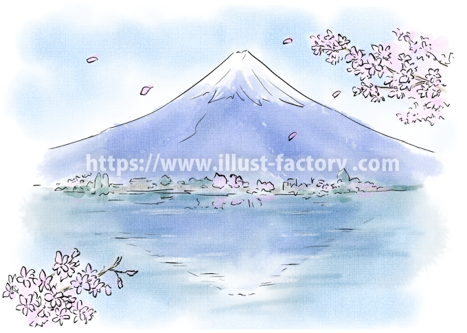 水彩風の風景画イラスト　富士山　スカイツリー　H178-1