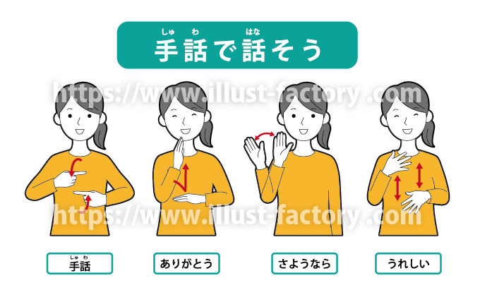 手話について紹介するイラストと指文字一覧表 A338 イラスト工房