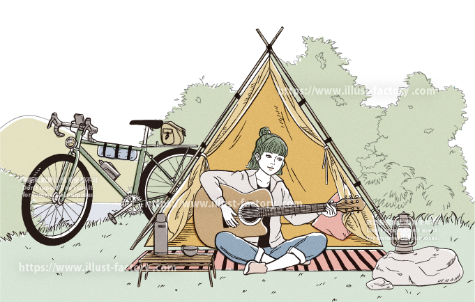 キャンプで女性がギターを弾いているイラスト　B115