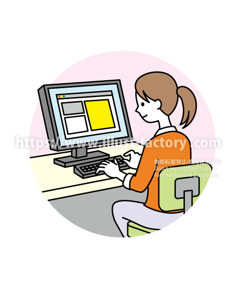 シンプルな線画タッチ　G546　仕事する女性　PC ノートパソコン
