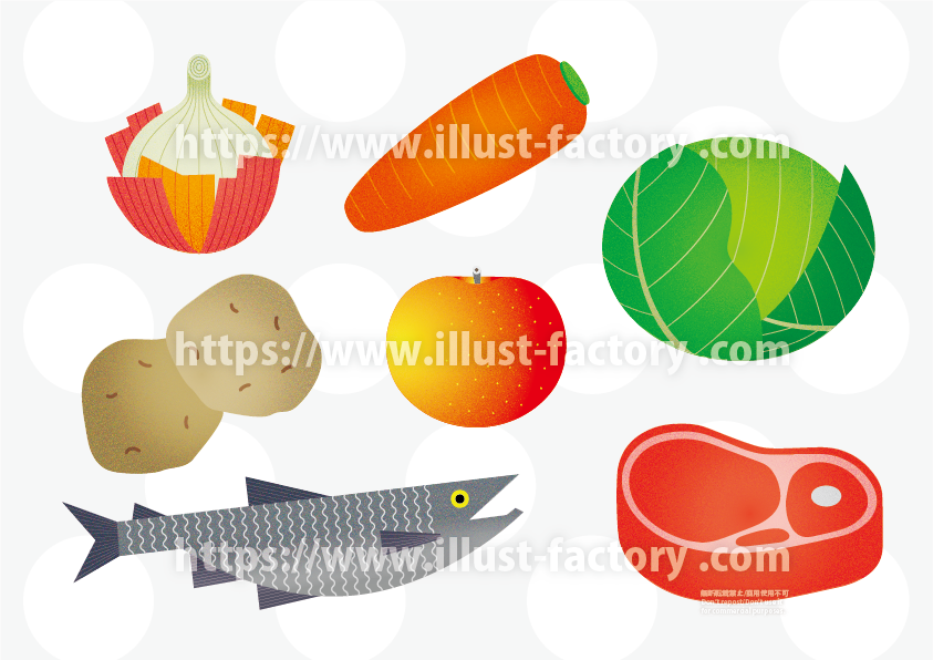 野菜や果物、魚などのイラスト シンプルな北欧風タッチ H212