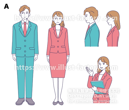シンプルなフラットタッチ　スーツ姿の男性と女性のイラスト　G557-1