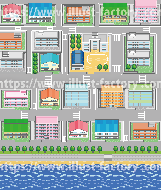 ドット絵で描いた架空の街の風景のイラスト　L102