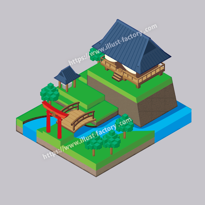 アイソメトリック神社イラスト　H229-1