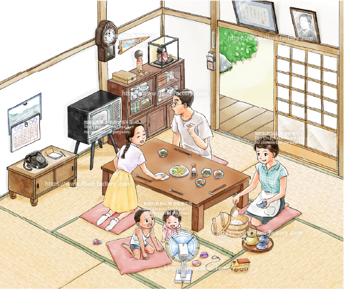 昭和の家族の食卓シーン　レトロ手書きタッチ　G569