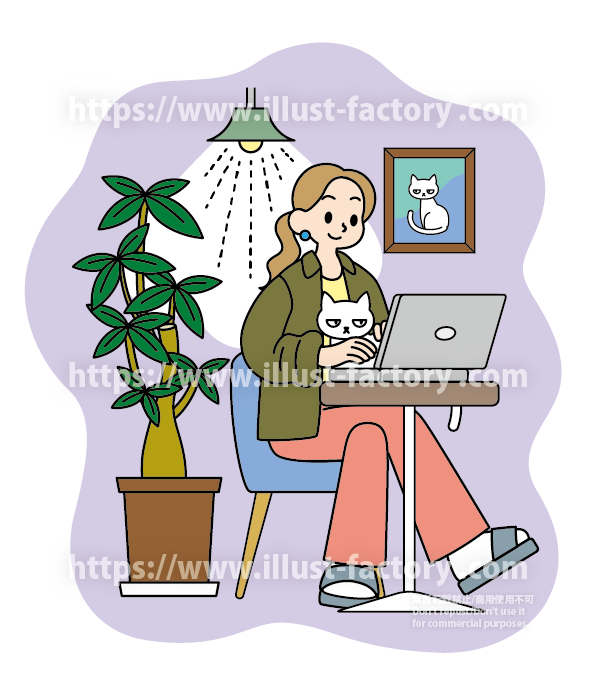 猫を抱いてリモートワークをする女性のイラスト　シンプルでポップなイラスト制作例　A419