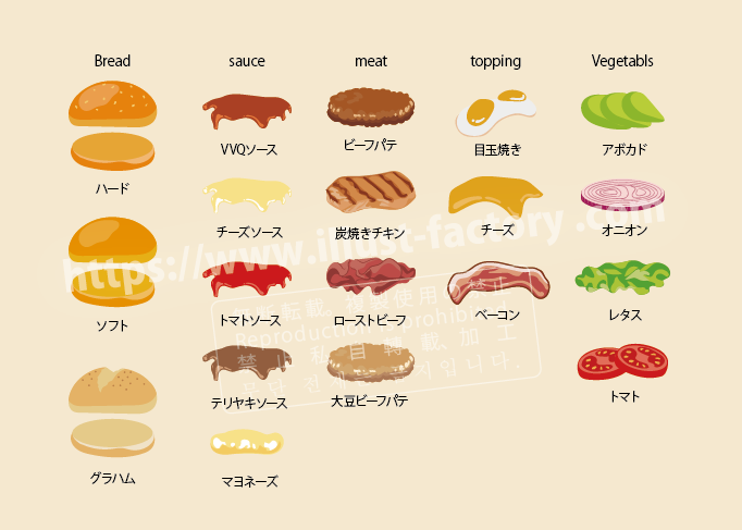 ハンバーガーのイラスト ファストフード店・カフェメニュー風イラスト H274 パティ・具材のイラスト ハンバーガーのイラスト ファストフード店・カフェメニュー風イラスト H274 パティ・具材のイラスト