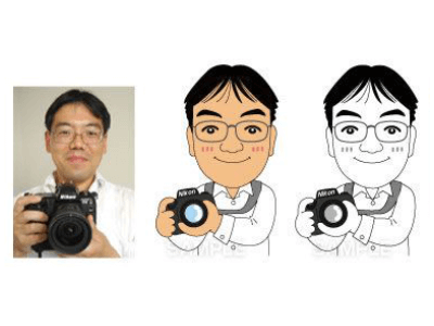 P2-8 コミカルなタッチの似顔絵制作例 カメラを持つ男性