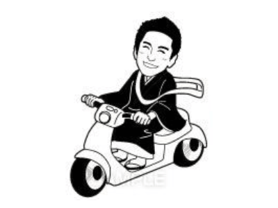 P12-3 漫画風タッチ似顔絵制作例 原付バイクに乗る僧侶　白黒バージョン